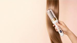 Hileva Split-End Sealer being used on a strand of healthy, shiny hair